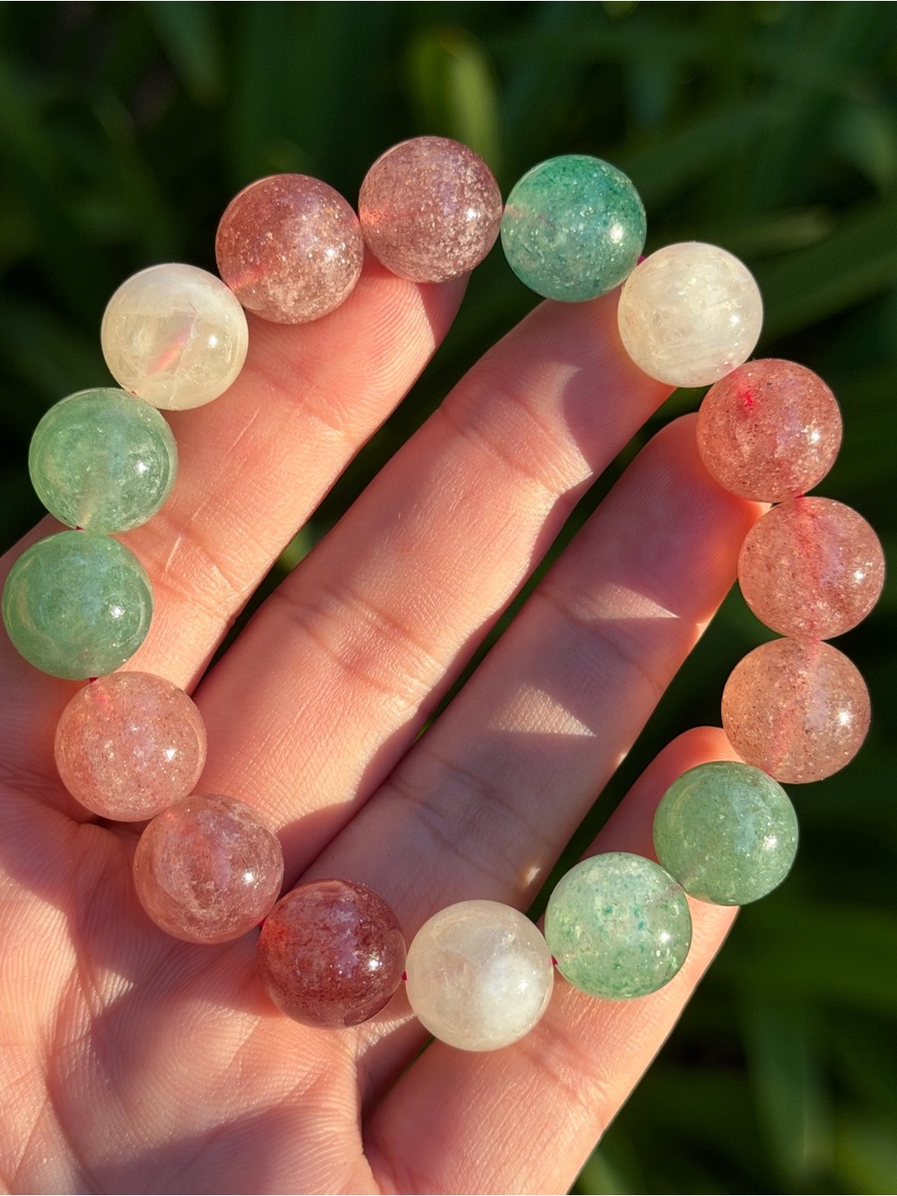 13mm Multicolor Gemstone Starwberry Quartz Bracelet - Green, Pink, White 1966